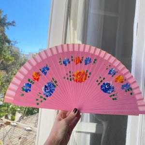 Spanish Vintage Hand Fan in Pink – Fabric and Wood, Elegant Gift for Weddings and Summer Events