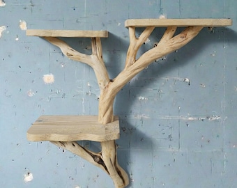 Floating driftwood shelf tree branch wall mounted rustic wood book display handmade decor