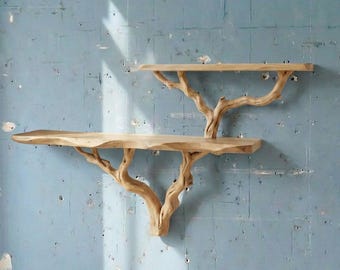Estantería flotante decorativa con forma de rama de árbol y madera flotante para montaje en pared, estante de madera con borde natural, muebles hechos a mano.