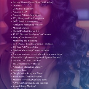 May include: A purple and blue graphic with white text listing the benefits of joining an online marketing academy. The text includes "Luxury Throne Event Chair ($197 Value)", "Amazon Affiliate Marketing", "DFY Email Automations", "Attraction Marketing Mastery", "90+ Days of Email Marketing Templates", "100 Free Ad Posting Sites", "Pre-built/ High-converting email System Funnels", "Learn to Go Live Like a Pro", "Video Editing Mastery!" and "70+ Vendor List".