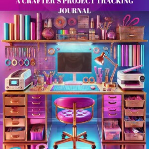 May include: A craft room workspace with a pink desk, a pink chair, and a heat press machine. The desk is organized with drawers, shelves, and various craft supplies, including rolls of vinyl, scissors, and a computer. The text "HEATPRESS PLAYBOOK A CRAFTER'S PROJECT TRACKING JOURNAL" is displayed at the top of the image. The text "DIGITAL CRAFT CHIC" is displayed at the bottom of the image.
