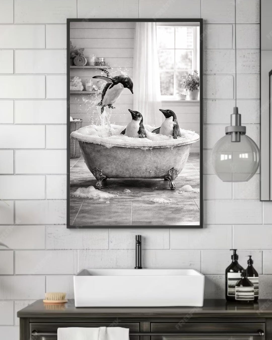 Funny Black & White Penguins Bath Print | Bathroom Wall Art Gift - Etsy