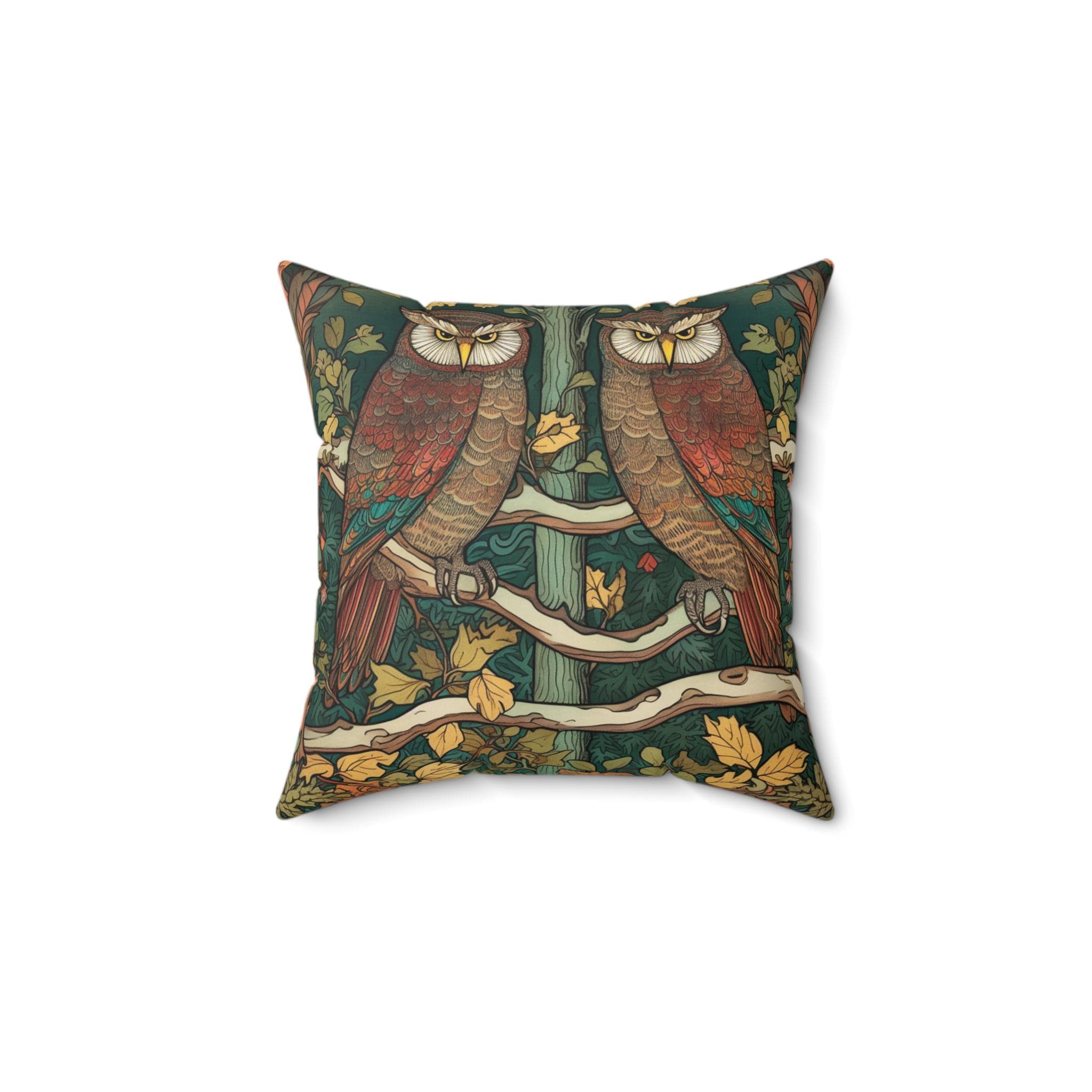 Owls on Ancient Branch Art Nouveau Flourishes William Morris Inspired Pillow Cover Cottagecore Fores