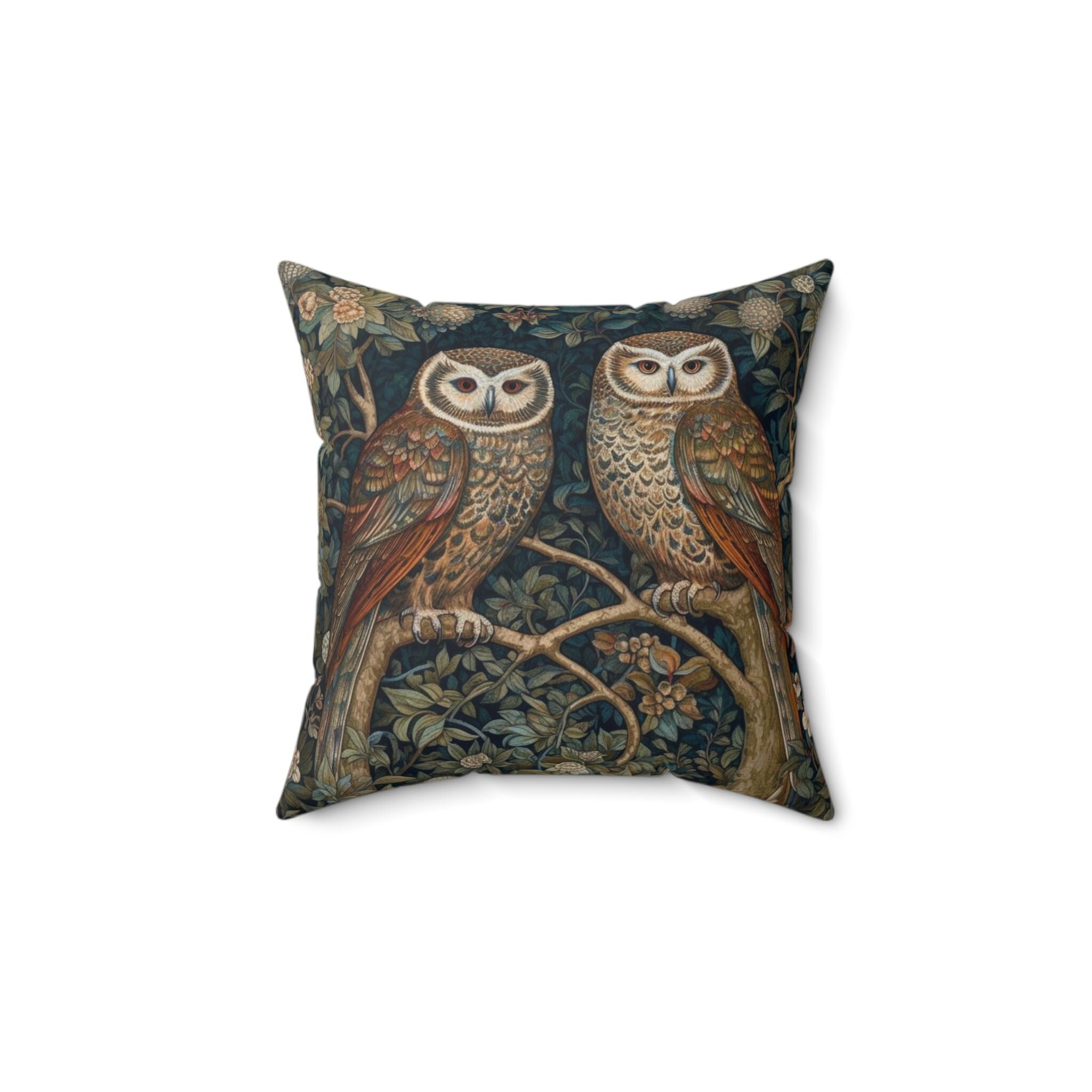 Owls on Ancient Branch Art Nouveau Flourishes William Morris Inspired Pillow Cover Cottagecore Fores