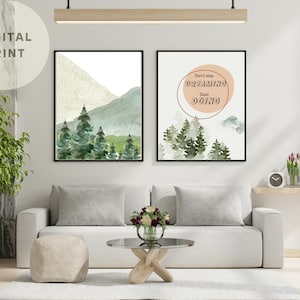 Japanese Wall Art Set of 2 Prints, Japanese Art Prints, Japandi Décor, Mountain Wall Art, Minimalist Wall Art, Landscape, Green Wall Art
