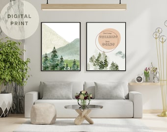 Japanese Wall Art Set of 2 Prints, Japanese Art Prints, Japandi Décor, Mountain Wall Art, Minimalist Wall Art, Landscape, Green Wall Art