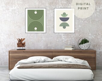 Set of 2 Sage Green Wall Prints Boho Modern Geometrical Prints Minimalist Gift Geometric Figure Green Japandi Office Bedroom Print