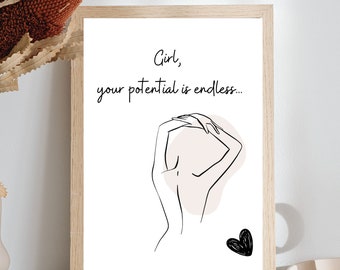 Feminist Quote Minimalist Wall Art Girl Your Potential is Endless Print Girl Boss Office Motivational Print Decor Home Decor Entrepreneur