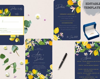 Italian Wedding Invitation Set Template Lemon Portofino Invites Bundle Printable Big Day Dark Background pack Positano Instant download DIY