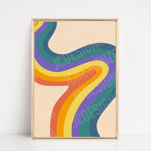 May include: A framed art print featuring a retro-style, abstract design. The artwork showcases a flowing, wavy pattern in vibrant colors including orange, yellow, green, purple, and blue. The text "JCDESIGNZO" is visible in the lower right corner.