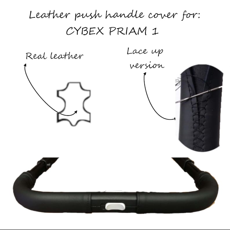Puede incluir: Funda de cuero negro para el manillar de una silla de paseo CYBEX PRIAM 1. La funda se muestra atada con una aguja e hilo. La funda tambi&eacute;n se muestra instalada en el manillar de la silla de paseo.