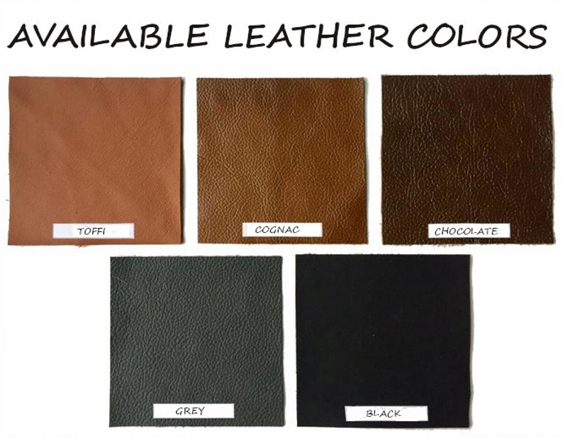 May include: Five leather swatches in different colors: Toffee, Cognac, Chocolate, Grey, and Black.  Available leather colors.