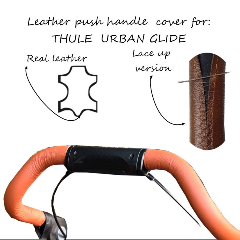 Funda de cuero para manija de empuje para cochecito Thule Urban Glide, versión con cordones de cuero genuino imagen 1