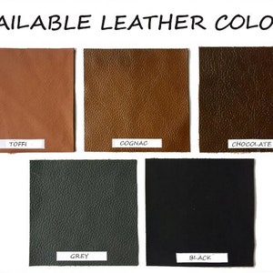 May include: Five leather swatches in different colours: Toffee, Cognac, Chocolate, Grey, and Black.  Available leather colours.