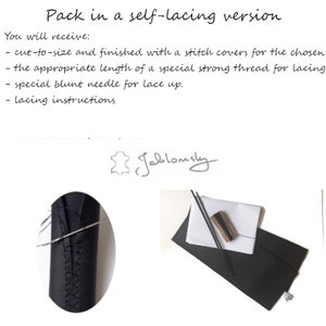 May include: A close-up of a black leather strap with white thread laced through it. The strap is being sewn with a needle and thread. The text "Pack in a self-lacing version" is visible at the top of the image. You will receive: cut-to-size and finished with a stitch covers for the chosen, the appropriate length of a special strong thread for lacing, special blunt needle for lace up, lacing instructions. The text "Jablomsty" is visible at the bottom of the image.