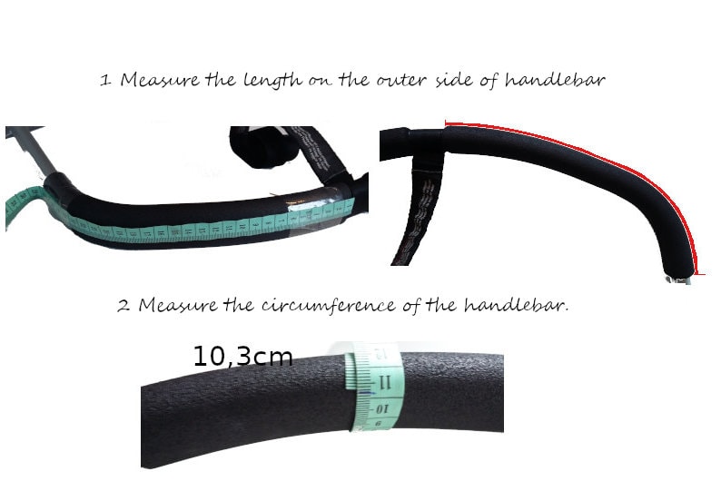 May include: Close-up of a black handlebar with a measuring tape wrapped around it. The text "1. Measure the length on the outer side of handlebar" is visible above the handlebar. The text "2 Measure the circumference of the handlebar." is visible below the handlebar. The text "10,3cm" is visible on the measuring tape.