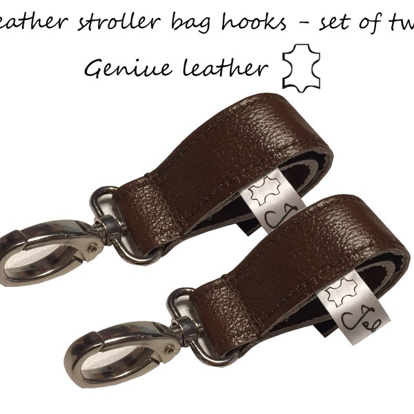 Leather stroller hooks set of two buggy bag hooks clips geniue leather