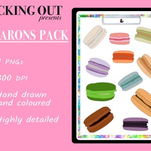 Könnte beinhalten: Ein Set mit 11 handgezeichneten Macarons in verschiedenen Farben und Geschmacksrichtungen, darunter grüner Tee, Lavendel, Schokolade und Vanille. Die Macarons sind auf einem weißen Hintergrund mit einem bunten Rand angeordnet.