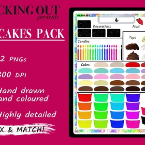 May include: A digital illustration of cupcake decorating elements. The image shows a variety of cupcake toppers, candles, cakes, and cups. The image is labeled "STICKING OUT presents CUPCAKES PACK".