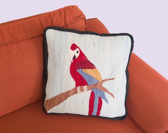 Loom Throw Pillow | Ready to Ship | 100% Wool | Handmade | Washable | Parrot Pillow Eco Friendly | Natural Product | Craftswomanship