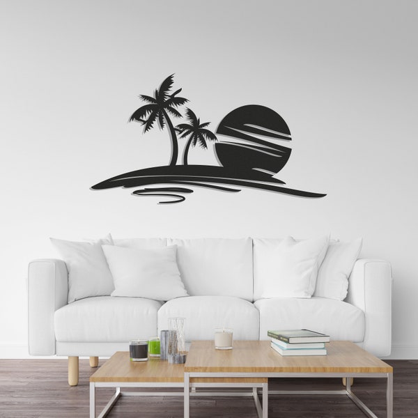 OCEAN & PALM TREE, Metall Wandkunst, Wohnzimmer Wandkunst, Wandbehang, Sonne Wandkunst, Seelandschaft, Housewarming Geschenk, über dem Bett Dekor