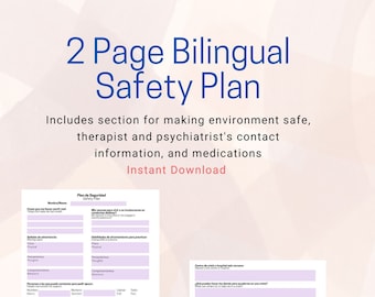 Plan de seguridad bilingüe de 2 páginas (incluye contacto con el terapeuta y el psiquiatra, seguridad ambiental, secciones de medicamentos)