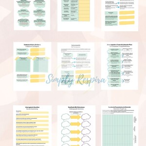 May include: A set of printable worksheets in Spanish and English for self-compassion and mindfulness exercises. The worksheets include sections on identifying and challenging negative thoughts, self-compassion through mindfulness, and a thought log.