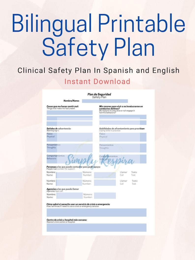 Mental Health Bilingual Safety/ Crisis Plan, Spanish, Printable, Latinx