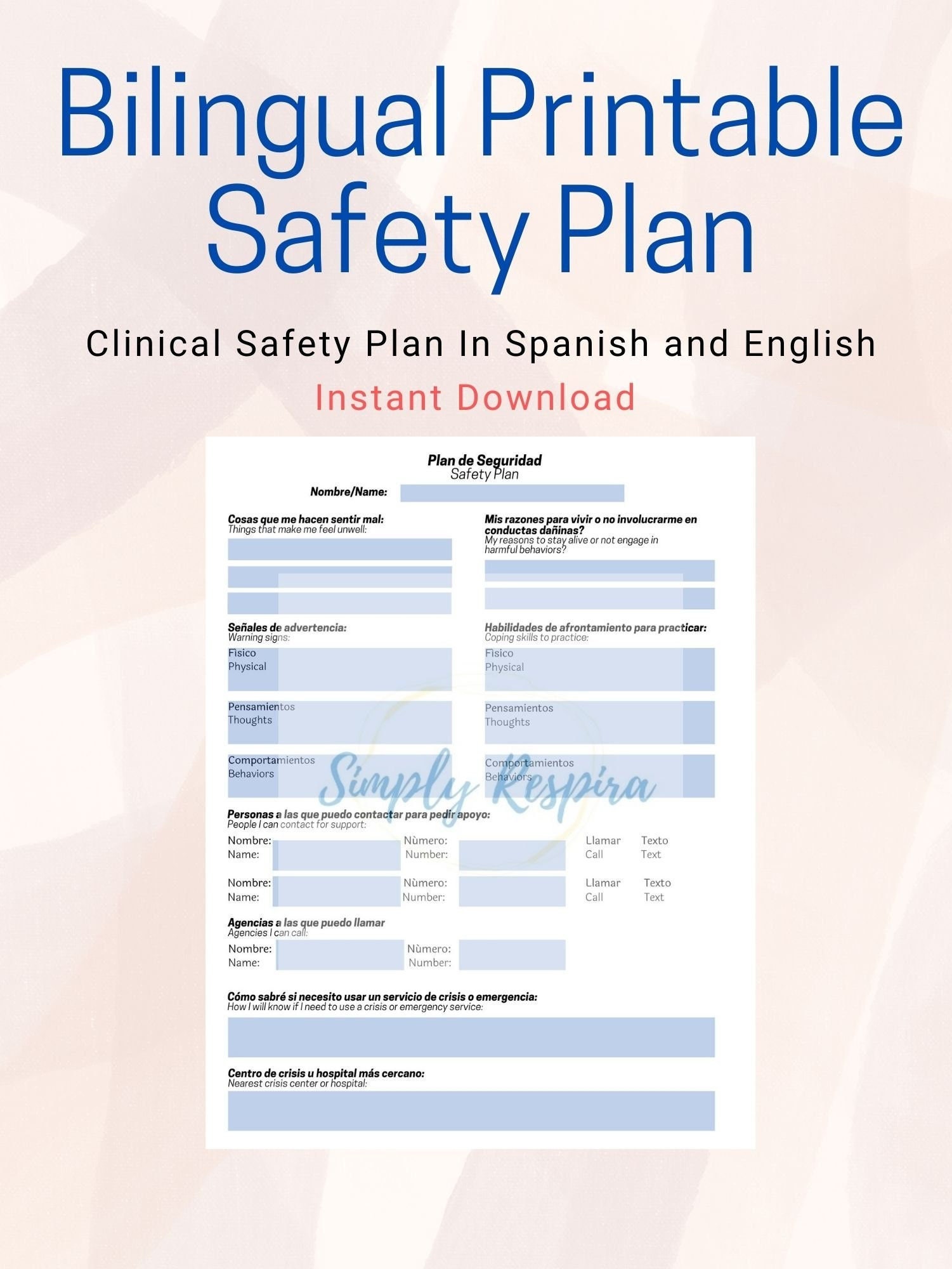 Mental Health Bilingual Safety/ Crisis Plan, Spanish, Printable, Latinx