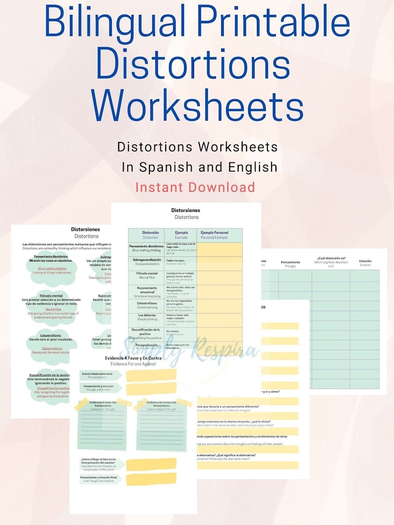 May include: A printable worksheet in Spanish and English to help identify and understand cognitive distortions. The worksheet includes a table with different types of distortions, examples, and personal examples. The worksheet also includes a section on evidence for and against distortions.