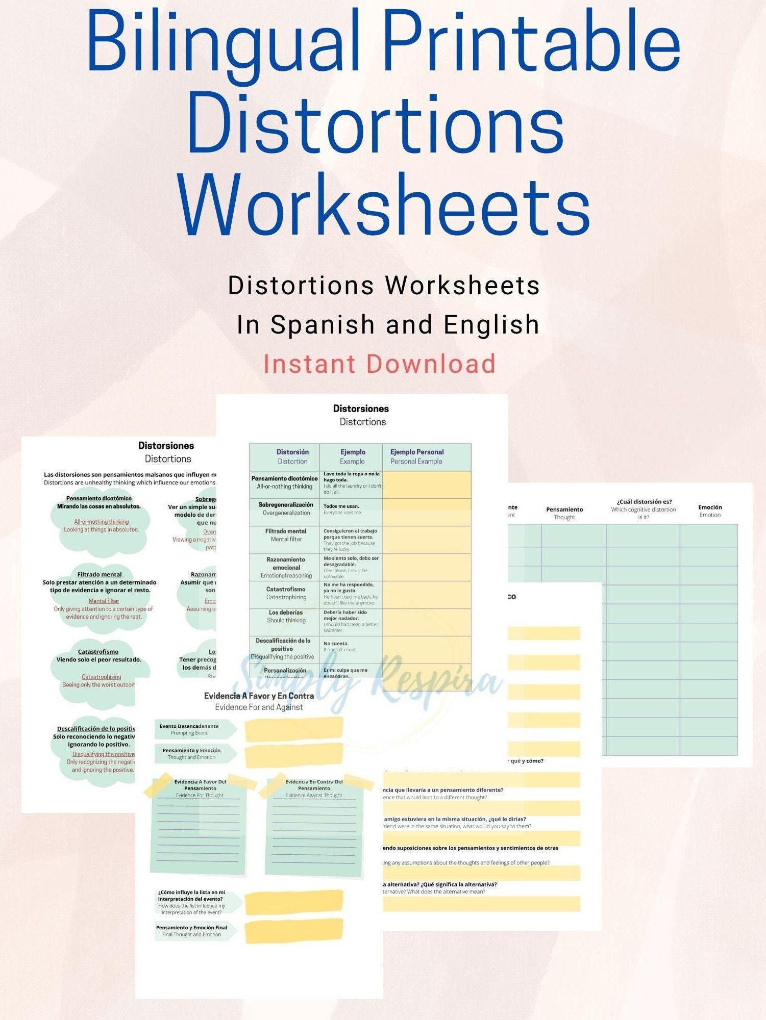 Cbt Self Help Worksheets Bilingual Cognitive Distortions Worksheet DBT-CBT Worksheets - Etsy UK