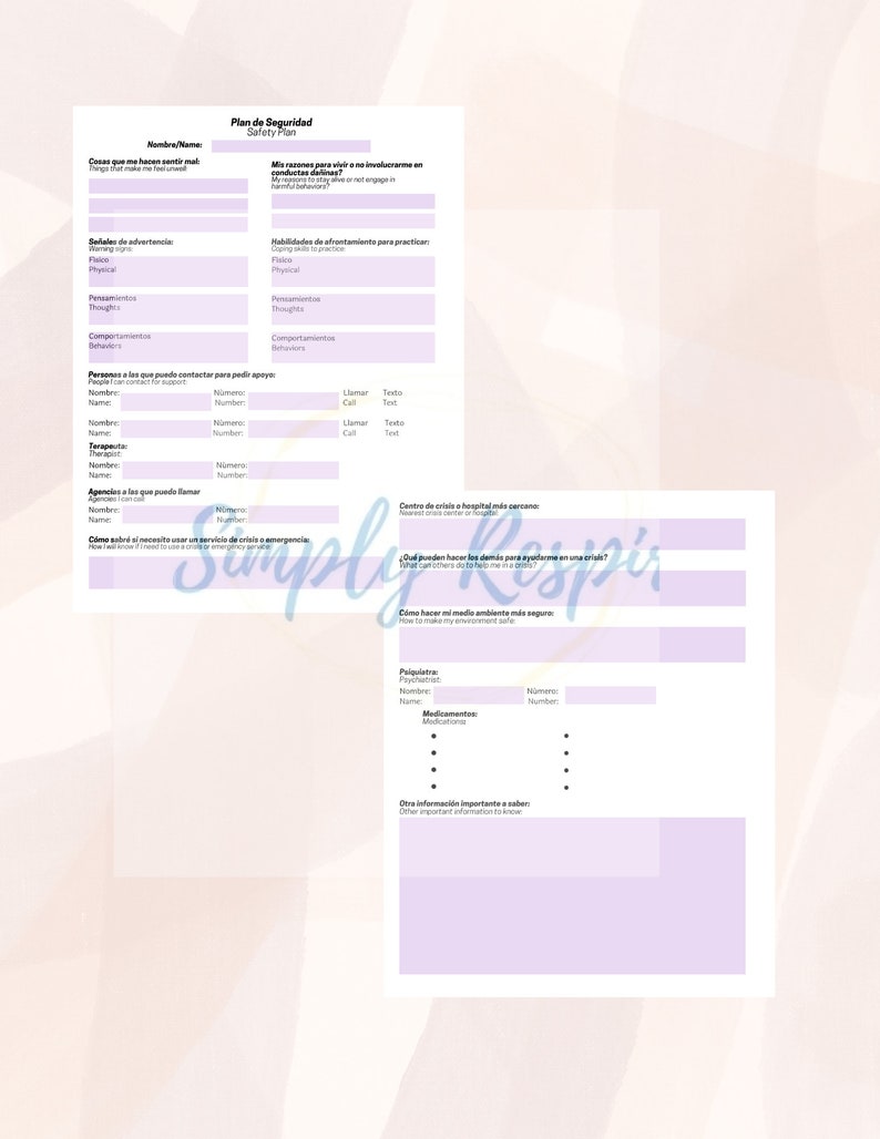 May include: A printable safety plan form in Spanish with sections for personal information, warning signs, coping skills, people to contact for support, and crisis resources. The form includes sections for "Se&ntilde;ales de advertencia" (warning signs), "Habilidades de afrontamiento para practicar" (coping skills to practice), "Personas a las que puedo contactar para pedir apoyo" (people to contact for support), and "Centro de crisis a hospital m&aacute;s cercano" (crisis center or nearest hospital).