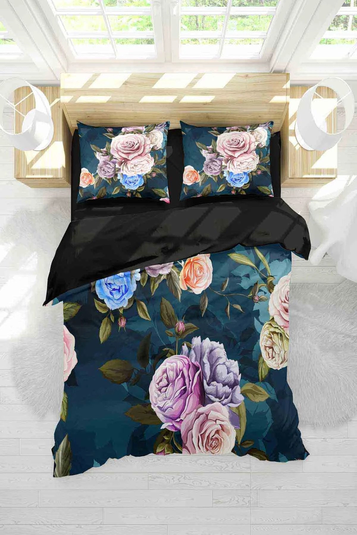 Blue and Pink Rose Floral Duvet Cover Full/ Vintage Garden Cotton