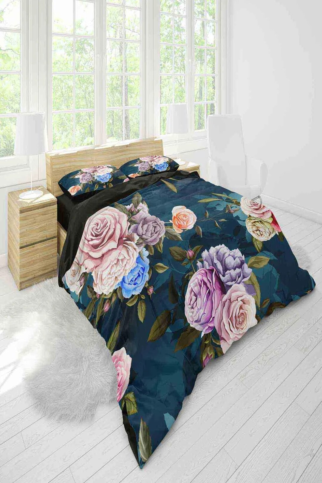 Blue and Pink Rose Floral Duvet Cover Full/ Vintage Garden Cotton