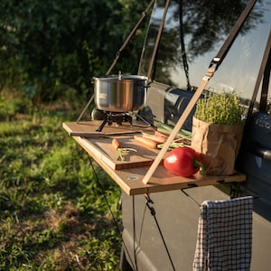 VW Bus vanaussentisch I Camping Vanlife Van hanging outdoor table, Outdoor Kitchen, table hanging table hanging shelf, Fits any sliding door