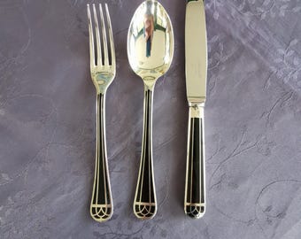 Christofle Talisman Noir set of three silver-plated cutlery pieces with Chinese lacquer, mint condition, never used