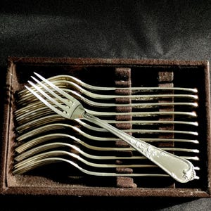 May include: A collection of silver forks presented in a brown velvet-lined box. The forks feature an ornate floral pattern on their handles. The tines are neatly aligned, with one fork placed atop the others. The backdrop is dark.