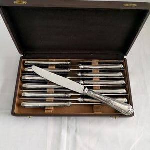 Puede incluir: Un juego de cuchillos plateados con mangos ornamentados dispuestos en un estuche de almacenamiento rectangular de color marrón oscuro con forro interior color canela. Un cuchillo se coloca en diagonal sobre los demás.