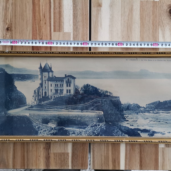 Biarritz Heliogravure chromo lithography panoramic view the villa belza 60x 26cm