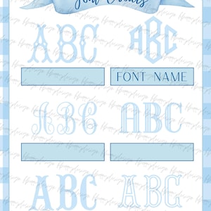 May include: A light blue and white checkered background with a banner that reads "Font Choices". The image displays various font styles for the letters "ABC" in light blue, with spaces for font names.