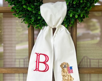 Patriottische Golden Retriever-kranssjerp | Aangepaste monogram deurhanger | Fourth of July hondenliefhebber decor | Americana verandadecoratie
