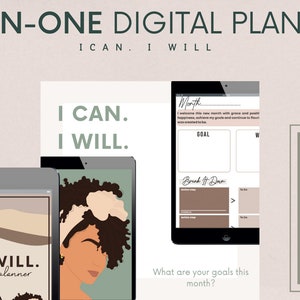 Könnte beinhalten: Ein digitaler Planer mit dem Text "I CAN. I WILL." auf dem Cover. Der Planer enthält einen Monatskalender, Seiten zur Festlegung von Zielen und einen Budget-Tracker. Der Planer soll Ihnen helfen, Ihren Monat und Ihre Woche zu planen, Ihre monatlichen Ziele zu setzen und Ihr monatliches Budget einzuhalten.