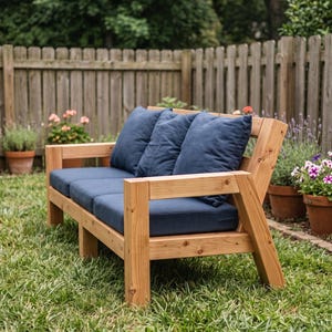 May include: A wooden outdoor sofa featuring a natural light brown finish with a sturdy frame and thick, dark blue cushions. The seating area includes three matching back cushions and three seat cushions, all in a solid dark blue fabric.
