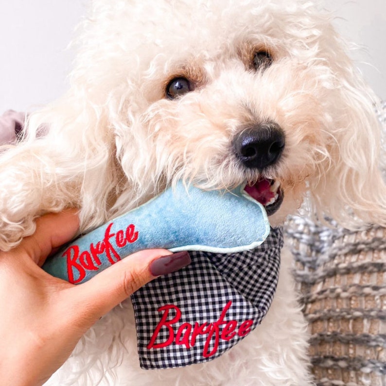 May include: A white fluffy dog with a blue and white dog toy that says "Barkfee" in red letters. The dog is wearing a black and white checkered bandana that also says "Barkfee" in red letters.