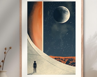 Retro Futurism Space Poster – Alien Watching Earthrise, 1970s Sci-Fi Art