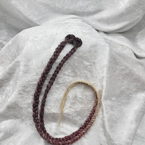 May include: Two braids of hair, one is a dark burgundy color and the other is a light blonde color. The braids are tied together at the top.