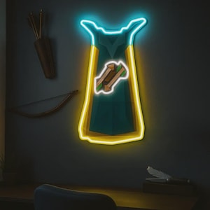 May include: A neon sign shaped like a cape, with a teal body and yellow trim. The cape features a white outline and a graphic of two arrows. A bow and quiver of arrows hang on the wall.