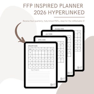 May include: A digital planner for 2026, displayed on four tablets. The planner pages show monthly calendars for January, April, July, and October. The text "FFP INSPIRED PLANNER 2026 HYPERLINKED" is at the top.