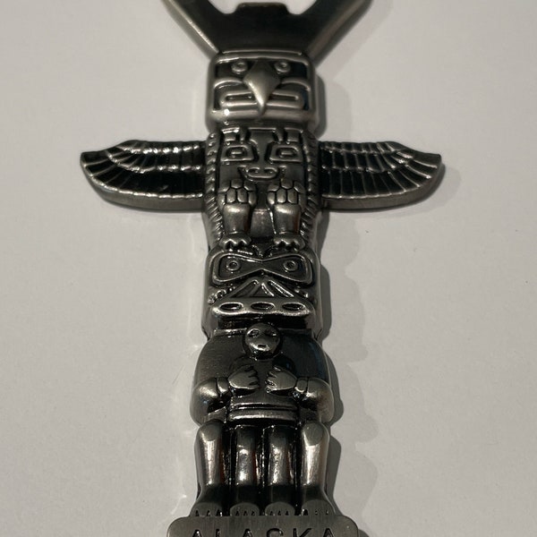 Vintage 1970s Silver Alaska Totem Pole Bottle Opener - Souvenir Collectible