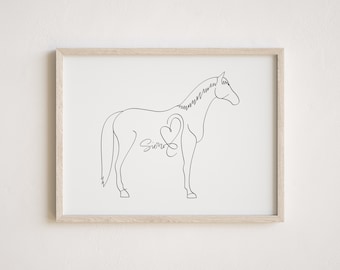 Personalised Horse Digital Portrait | Minimalist Horse Line Art Drawing | Horse Outline Heart And Name | Horse Silhouette | Horse Lover Gift